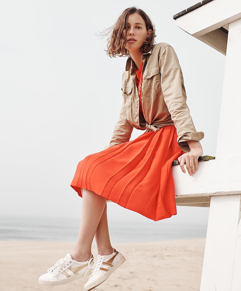 J. Crew Boyfriend Utility Shirt, Dance It Out T-Shirt, Double-Pleated Midi Skirt and Gola for J. Crew Mark Cox Tennis Sneakers