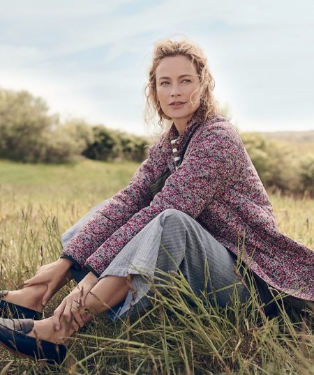 But First, Florals: 8 Exclusive Prints From J. Crew J. Crew Reversible Puffer Jacket in Liberty Floral, Striped T-Shirt with Grosgrain Trim, Wide-Leg Crop Pant in Herringbone and Ryan Penny Loafers in Leather