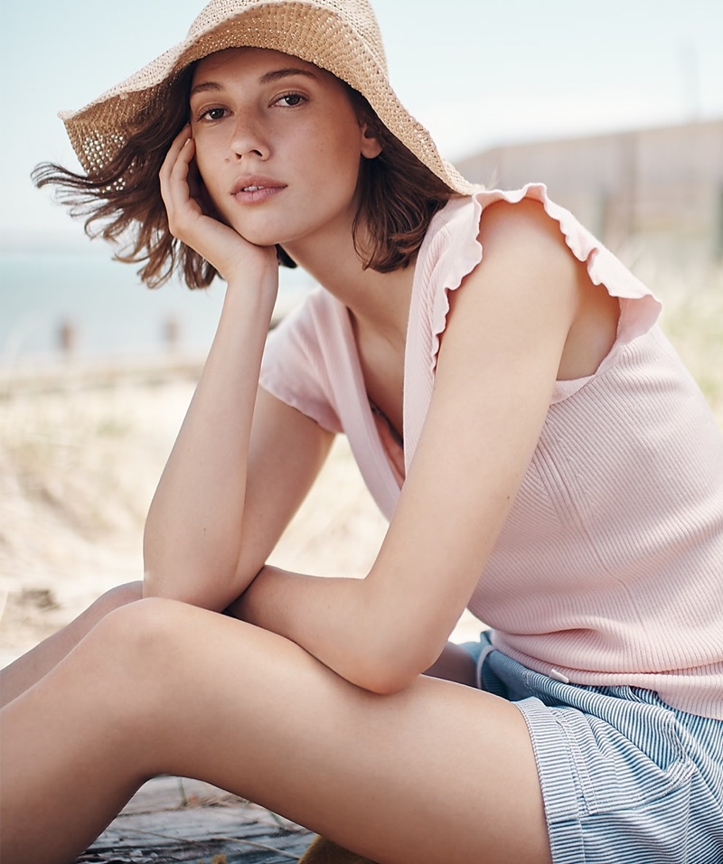 J. Crew Point Sur Merino Wool Ruffle Tank, Seaside Short in Stripe and J. Crew Wide-Brim Packable Straw Hat