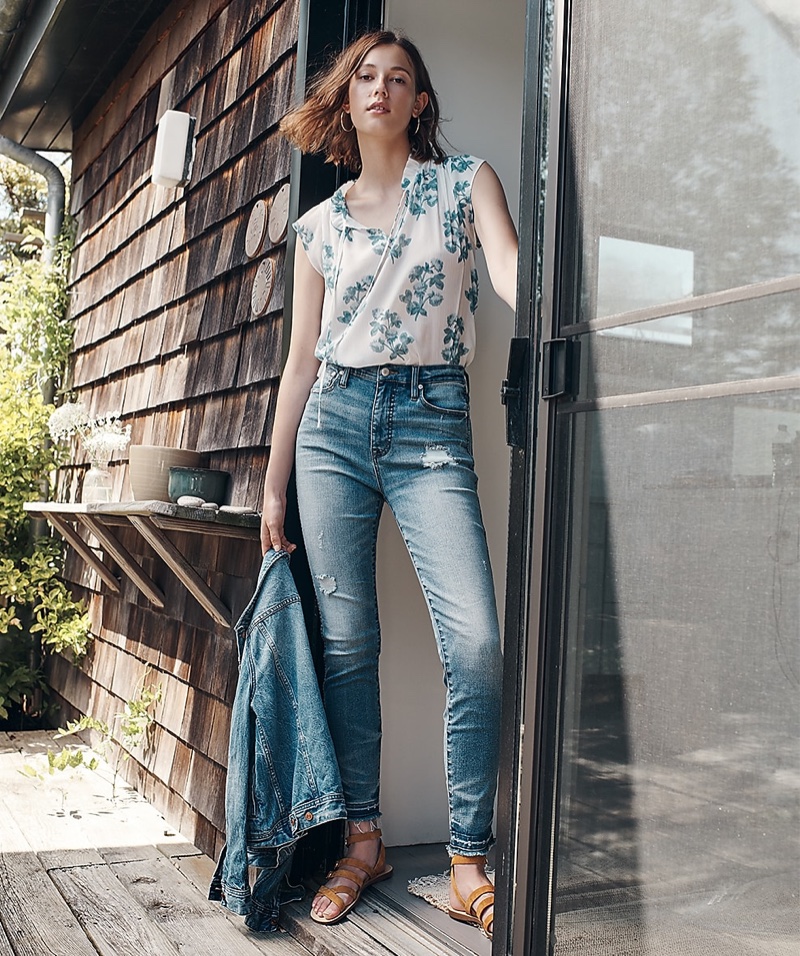 J. Crew Point Sur Sleeveless Tie-Neck Floral Top, Hightower Straight Jean in Pale Ice Wash, J. Crew Classic Denim Jacket and Strappy Buckled Sandals in Suede