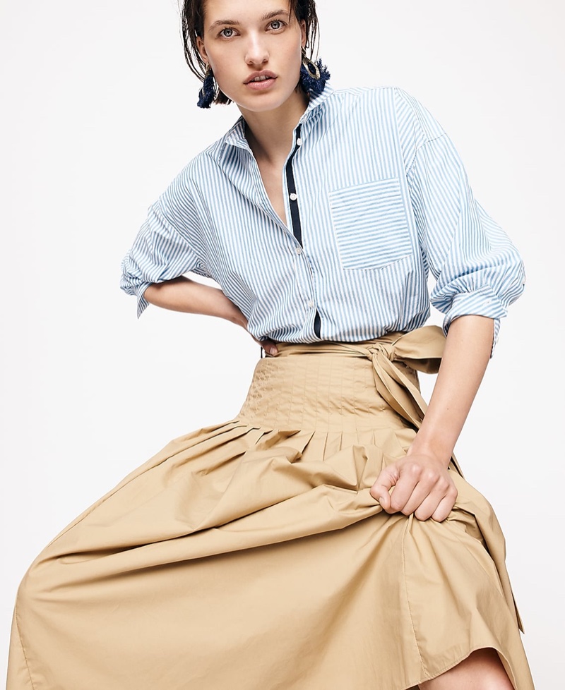 J. Crew Oversized Button-Up in Cotton Poplin, Pleated Cotton Poplin Midi Skirt and Fan Statement Earrings