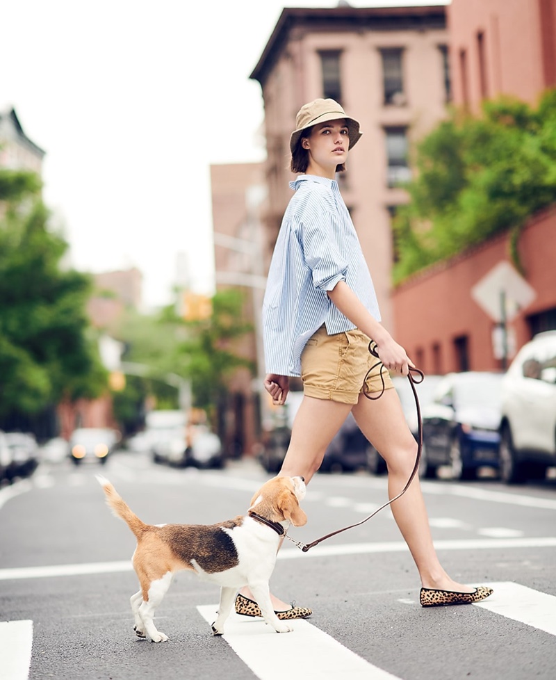 J. Crew Oversized Button-Up in Cotton Poplin Stripe, 4" Stretch Chino Short, Canvas Bucket Hat and Evie Ballet Flats in Leopard Print Calf Hair