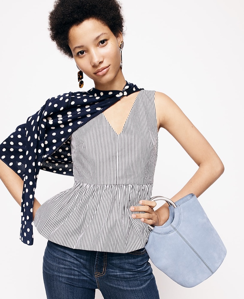 J. Crew Striped Sleeveless Peplum Top in Stretch Cotton Poplin, Wool Jackie Cardigan Sweater in Polka Dots, 9" High-Rise Toothpick Jean in Classic Rinse and Bracelet Bucket Bag in Italian Suede