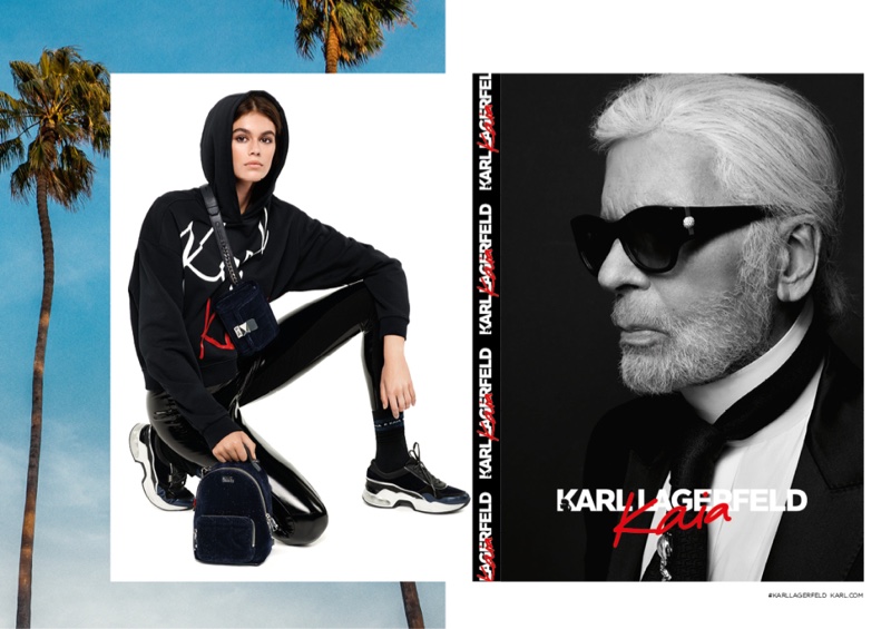 Model Kaia Gerber wears a hoodie in Karl Lagerfeld x Kaia Gerber campaign