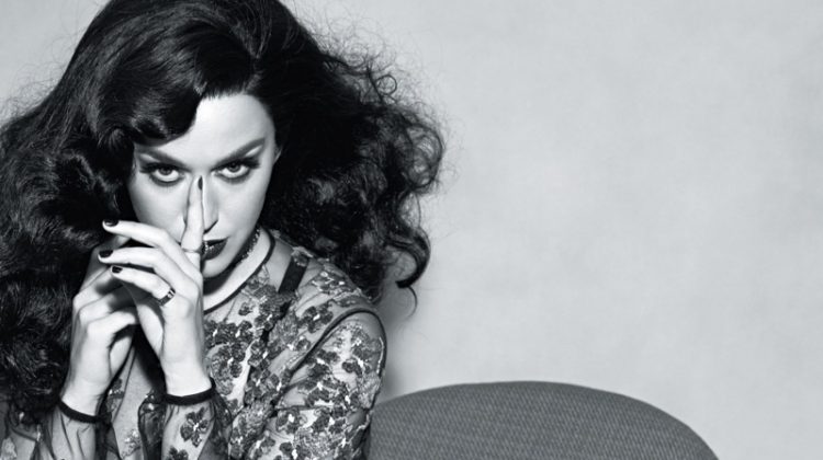 Photographed in black and white, Katy Perry wears Dior dress