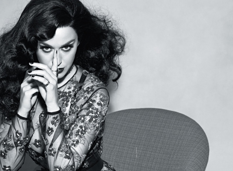 Photographed in black and white, Katy Perry wears Dior dress