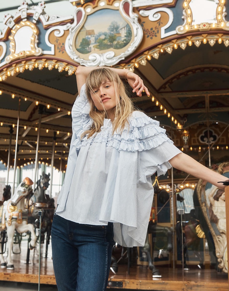 Madewell x Karen Walker Striped Ruffle Top and Madewell Slim Straight Jeans in Hammond Wash