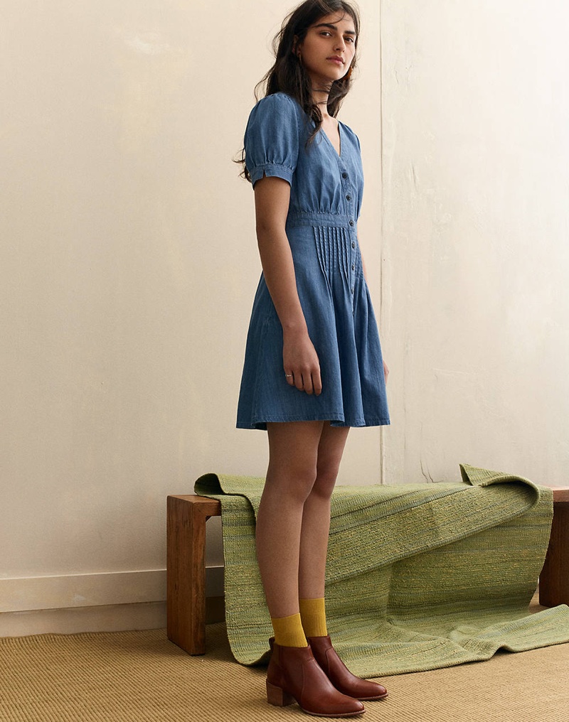 Madewell Denim Daylily Dress, Ribbed Ankle Socks and The Asher Boot in Leather
