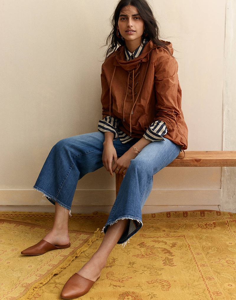 Madewell Lace-Up Popover Jacket, Tunic Shirt in Hampden Stripe, Wide-Leg Crop Jeans in Finney Wash and The Remi Mule