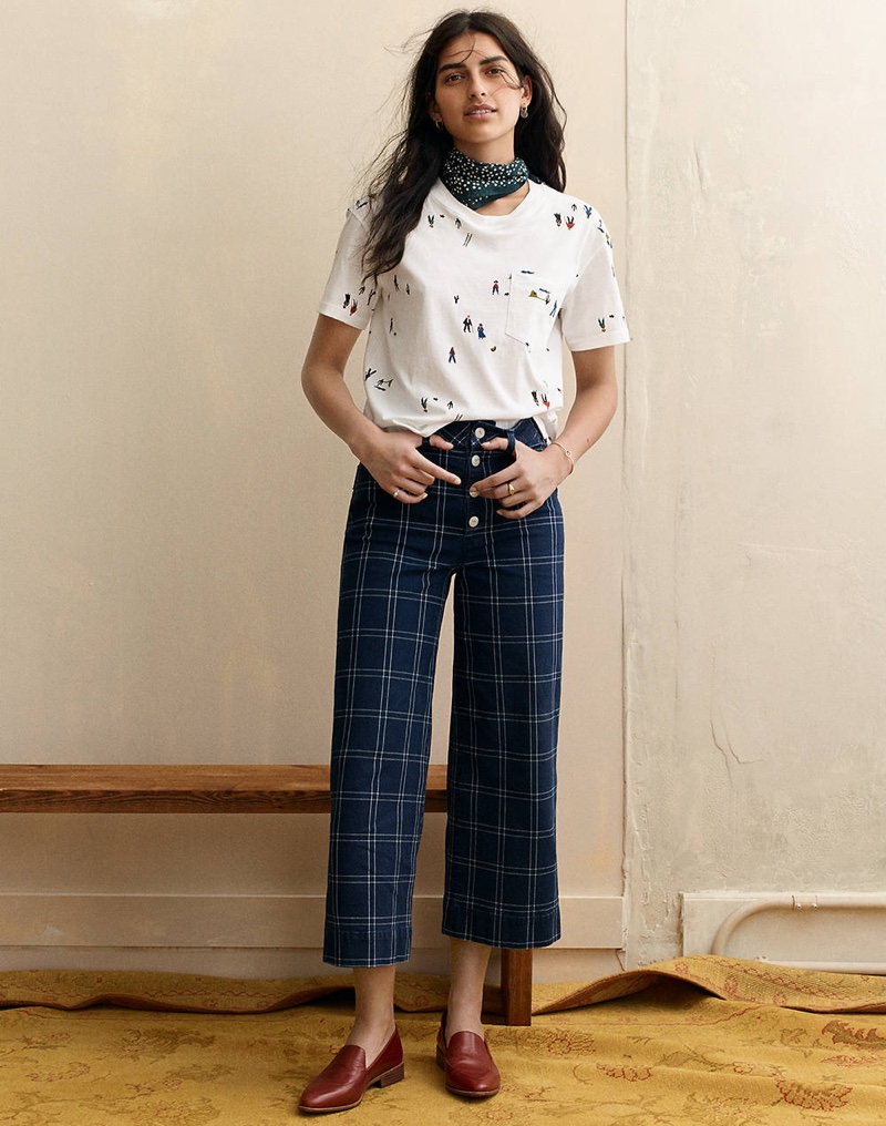 Madewell Easy Crop Tee in El Rancho Pant, Bandana, Emmett Wide-Leg Crop Pants in Check and The Frances Loafer