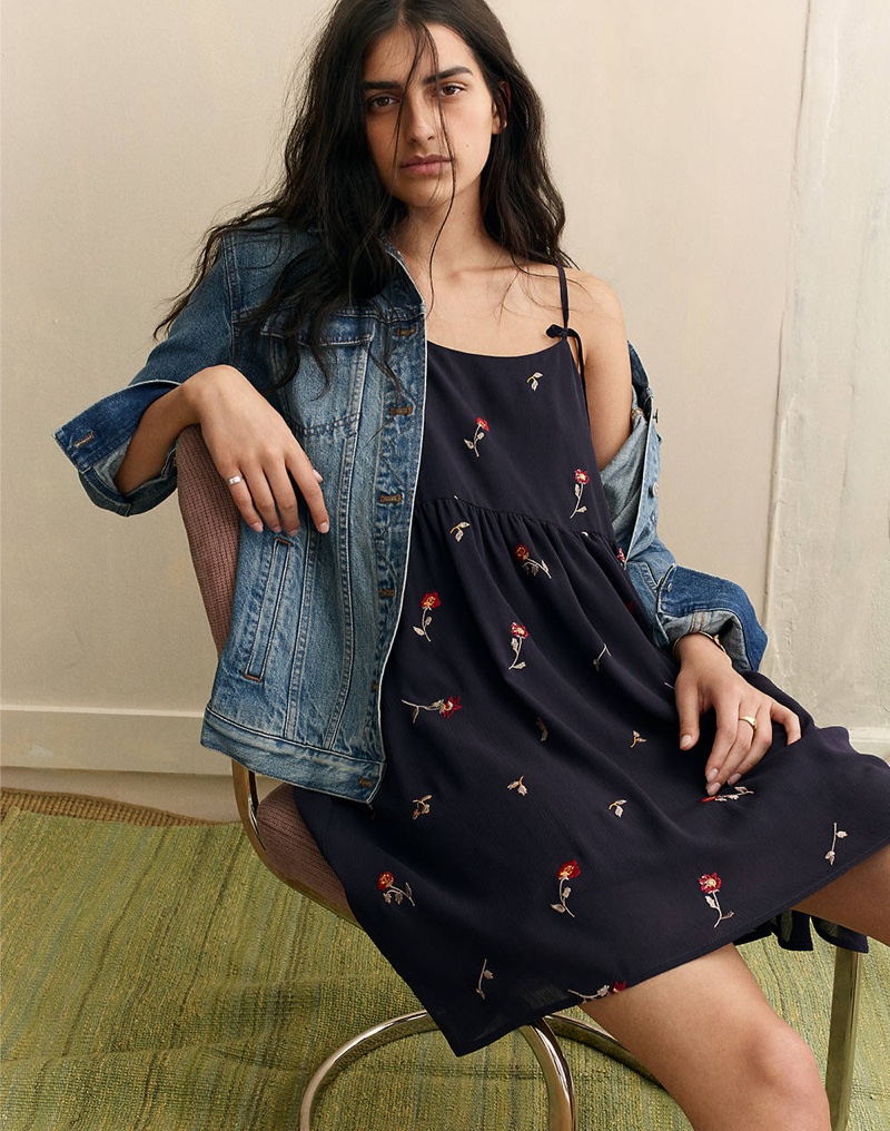 Madewell The Oversized Jean Jacket in Capstone Wash and Embroidered Babydoll Cami Dress