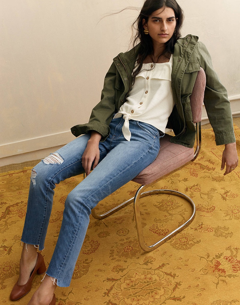 Madewell Surplus Jacket, Texture & Thread Ruffle Tie-Front Tank, The High-Rise Slim Boyjean in Lita Wash: Step-Hem Edition, The Reid Pump in Leather and Waves Disc Earrings