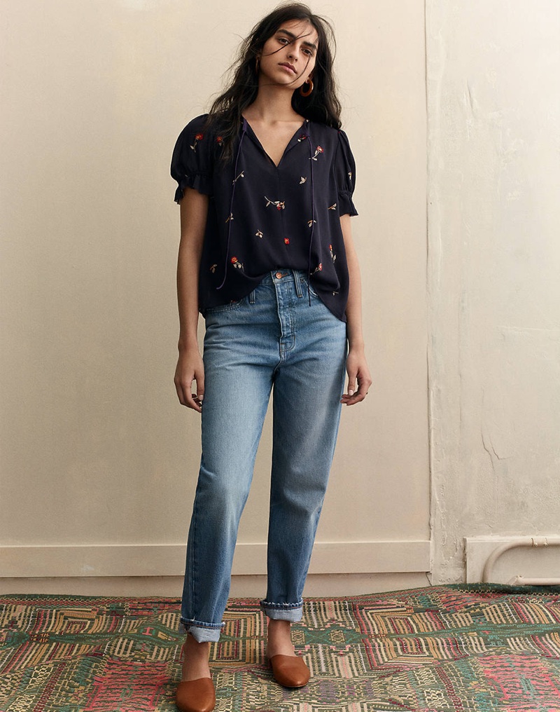 Madewell Embroidered Zephyr Ruffle-Sleeve Top in Sweet Blossoms, The Dadjean, Striped Resin Hoop Earrings and The Remi Mule