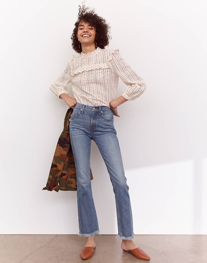 Madewell Eyelet Mockneck Ruffle Top, Northward Cropped Army Jacket in Cottontail Camo: Sherpa Edition, Cali Demi-Boot Jeans: Eco Edition and The Remi Mule