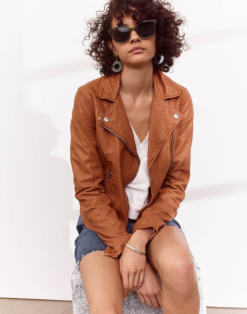 Madewell Washed Leather Motorcycle Jacket, Texture & Thread Wrap Top, Rigid Denim Straight Mini Skirt: Reworked Edition and Venice Flat-Frame Sunglasses