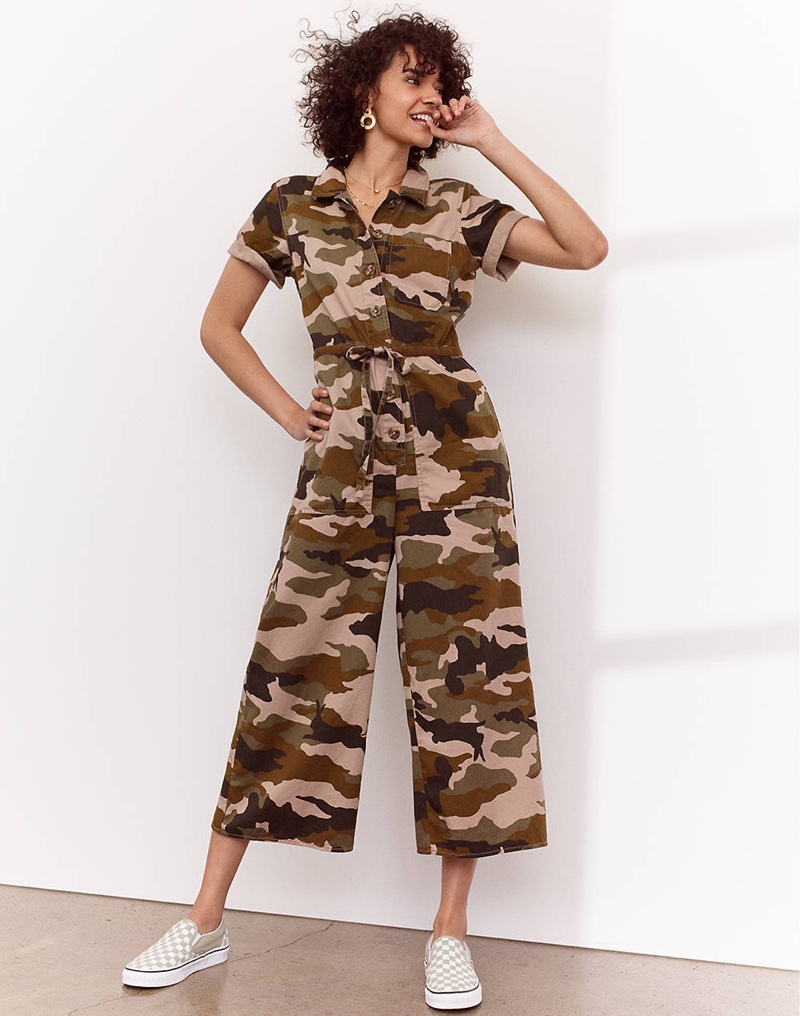 Madewell Wide-Leg Utility Jumpsuit in Cottontail Camo and Vans Classic-Slip-On Sneakers in Desert Sage Checkerboard