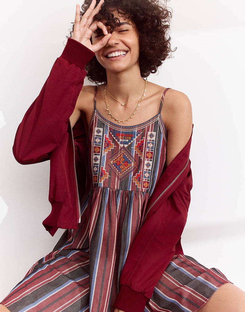 Madewell Embroidered Babydoll Cami Dress in Stripe and Side-Zip Bomber Jacket