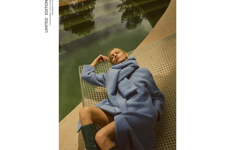 Sasha Pivovarova cozies up in blue coat from Massimo Dutti fall 2018 limited-edition collection