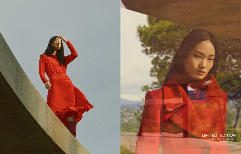 Model Hyunji Shin poses in red styles from Massimo Dutti fall 2018 limited edition collection