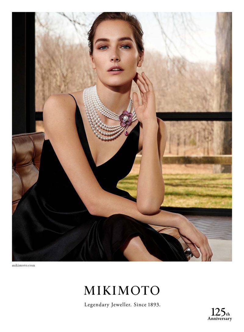 Model Josephine le Tutour wears pearl necklaces in Mikimoto Jewelry campaign