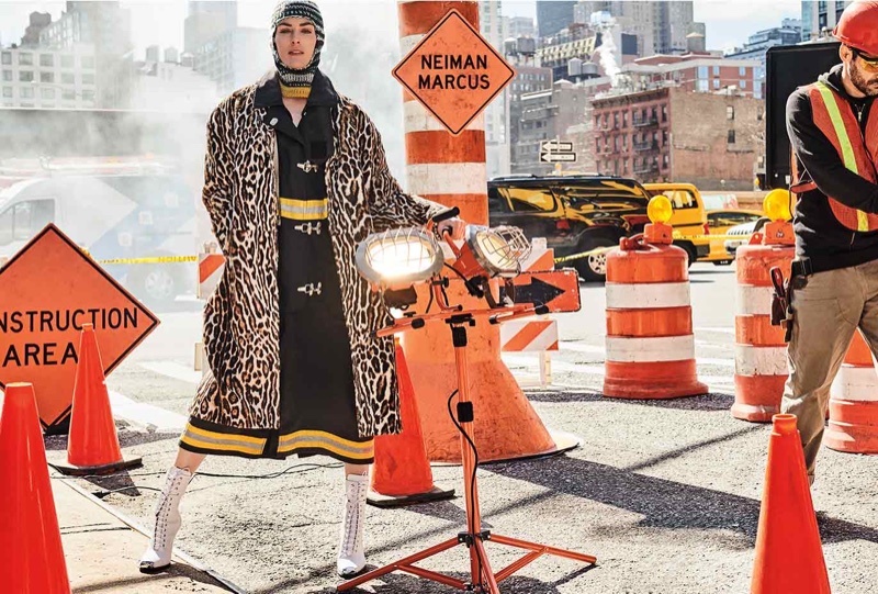 Calvin Klein 205W39NYC Single-Breasted Oversized Leopard Print Suede Coat and Aged Long Fireman Coat with Reflective Stripes