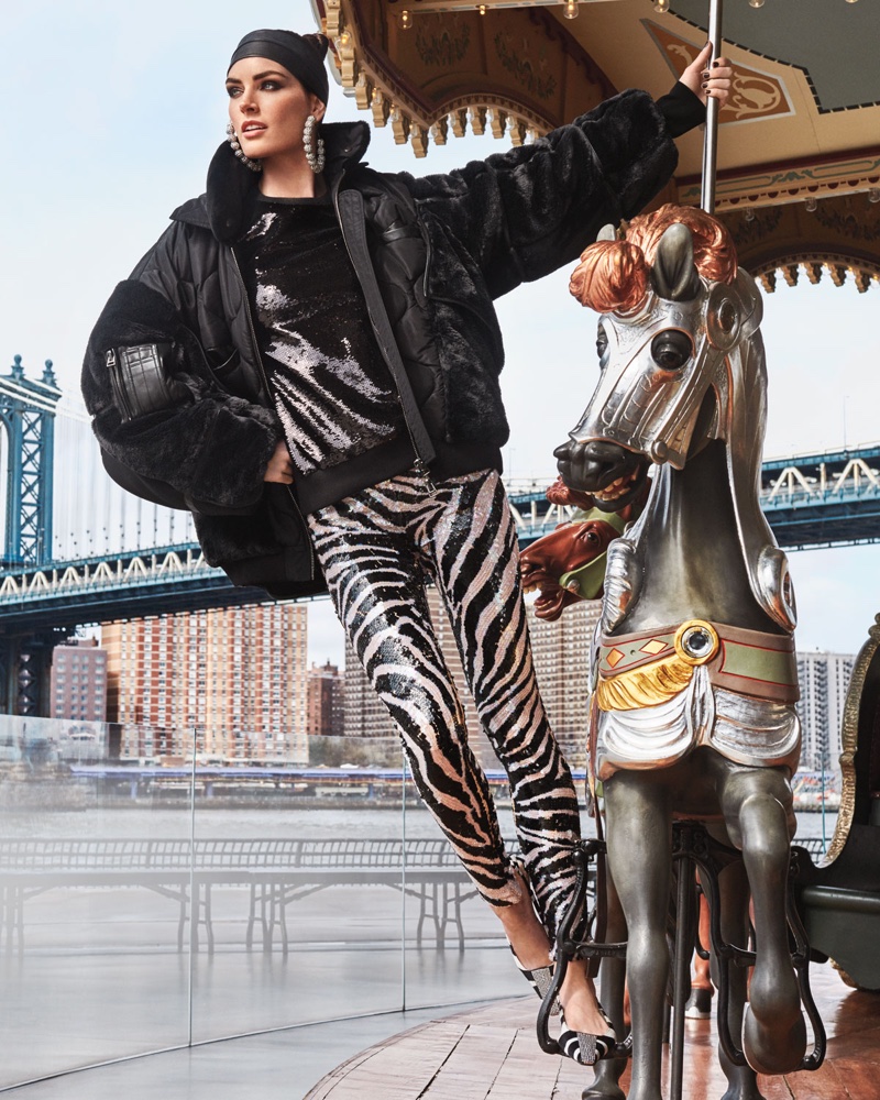 Tom Ford Patchwork Silk Taffeta Puffer Bomber Jacket, Crewneck Long Sleeve Sequin Sweatshirt, Zebra Stripe Sequin Leggings and Zebra Animal-Print Velvet Slingback Pumps