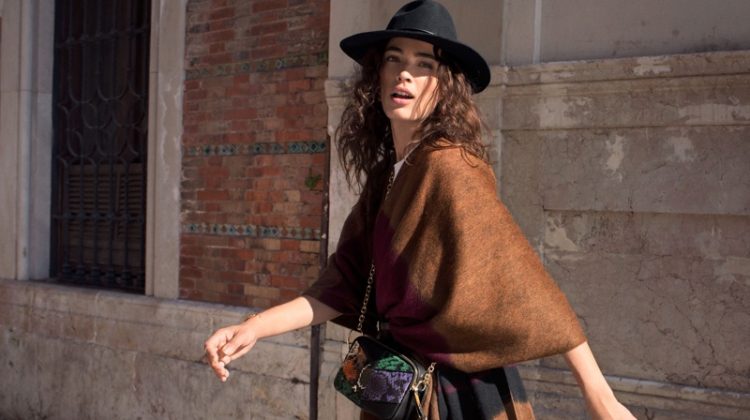 & Other Stories Wool Blanket Poncho, Pleated Suede Midi Skirt and Leather Ribbon Wool Fedora