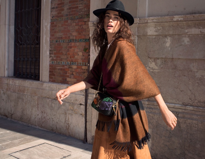 & Other Stories Wool Blanket Poncho, Pleated Suede Midi Skirt and Leather Ribbon Wool Fedora