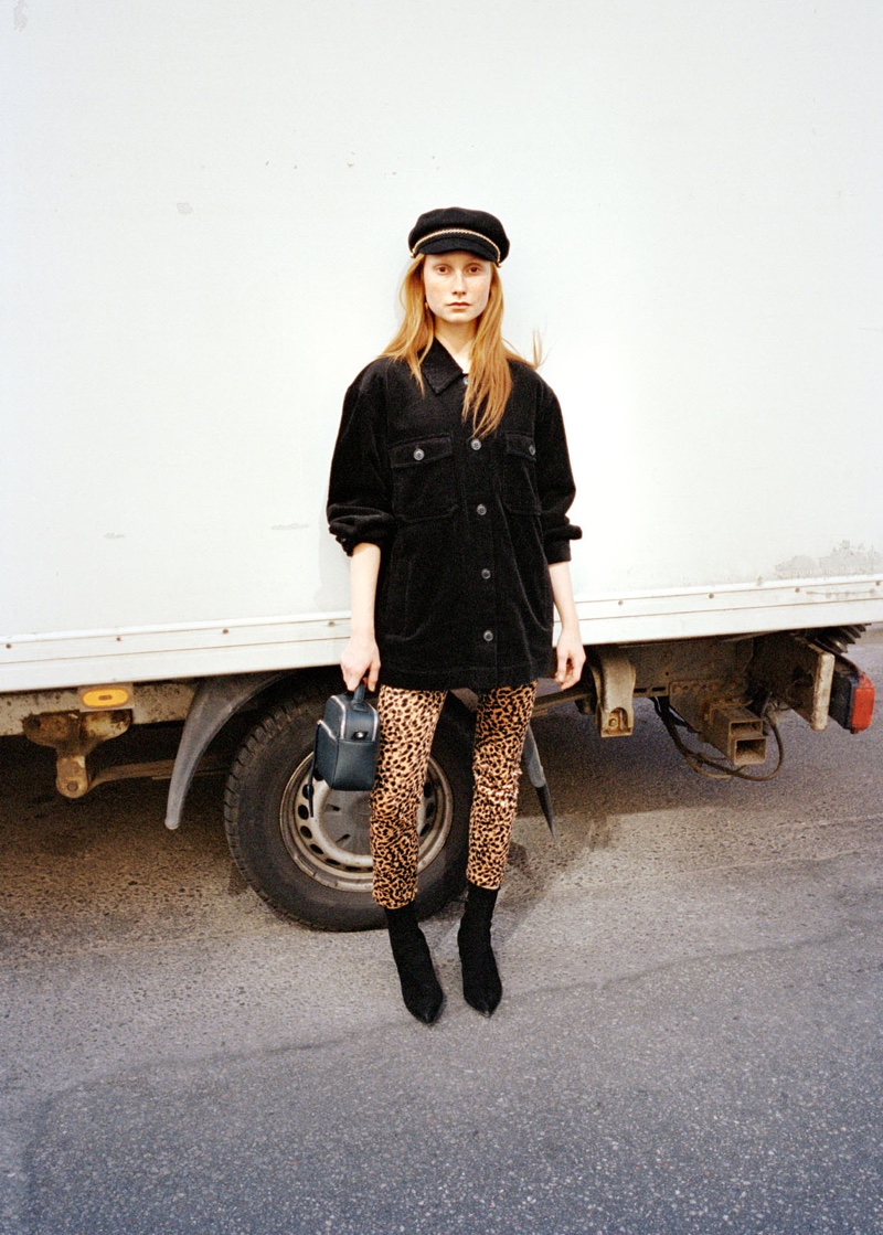 & Other Stories Oversized Corduroy Overshirt, Corduroy Leopard Print Trousers and Chain Wool Blend Baker Boy Cap