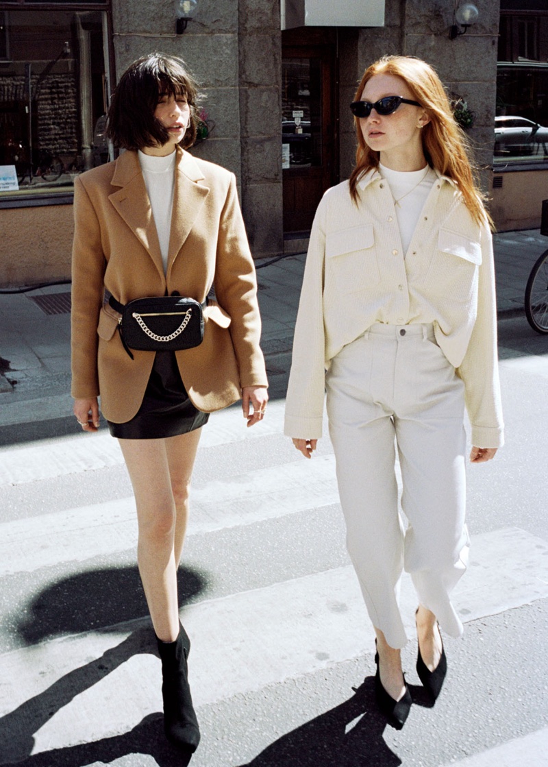 (Left) & Other Stories Wool Blend Tailored Blazer, High Waisted Leather Skirt and Grainy Leather Chain Beltbag (Right) & Other Stories Oversize Corduroy Workwear Shirt, Workwear Culottes and Pointed Stiletto Boots