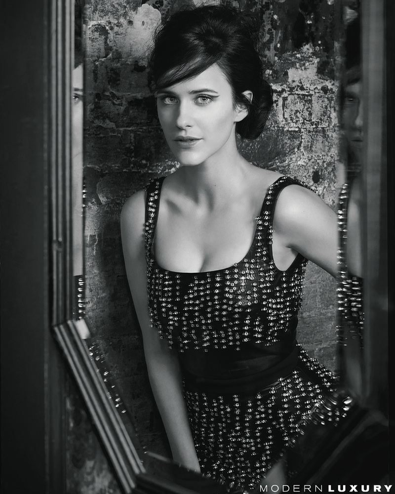Captured in black and white, Rachel Brosnahan wears Christopher Kane dress