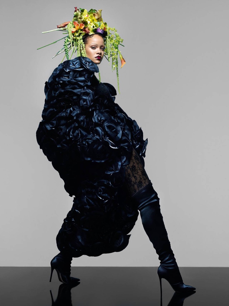 Rihanna poses in Noir Kei Ninomiya floral dress and Gianvito Rossi boots