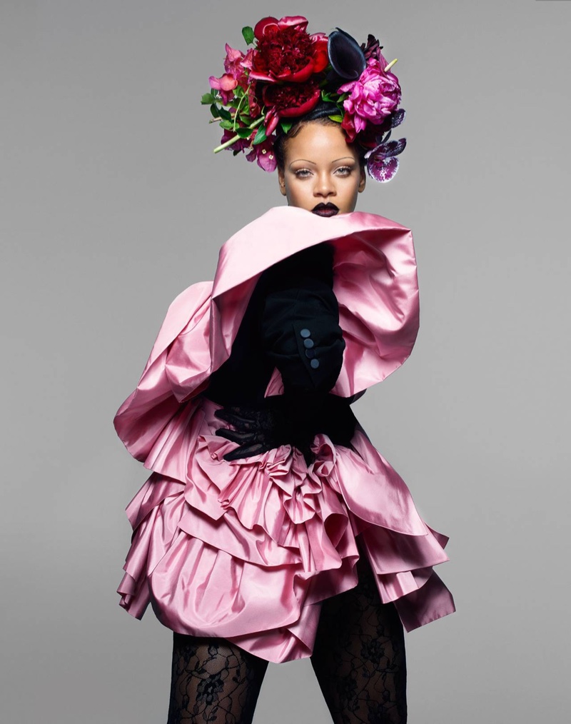 Dressed in pink, Rihanna wears Alexander McQueen tuxedo jacket with Cornelia James lace gloves