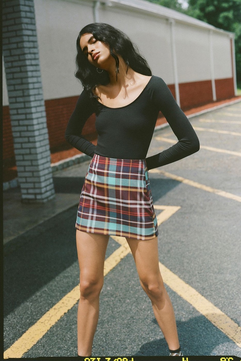 UO Dara Open Scoop-Neck Top and Plaid Notch Pelmet Mini Skirt