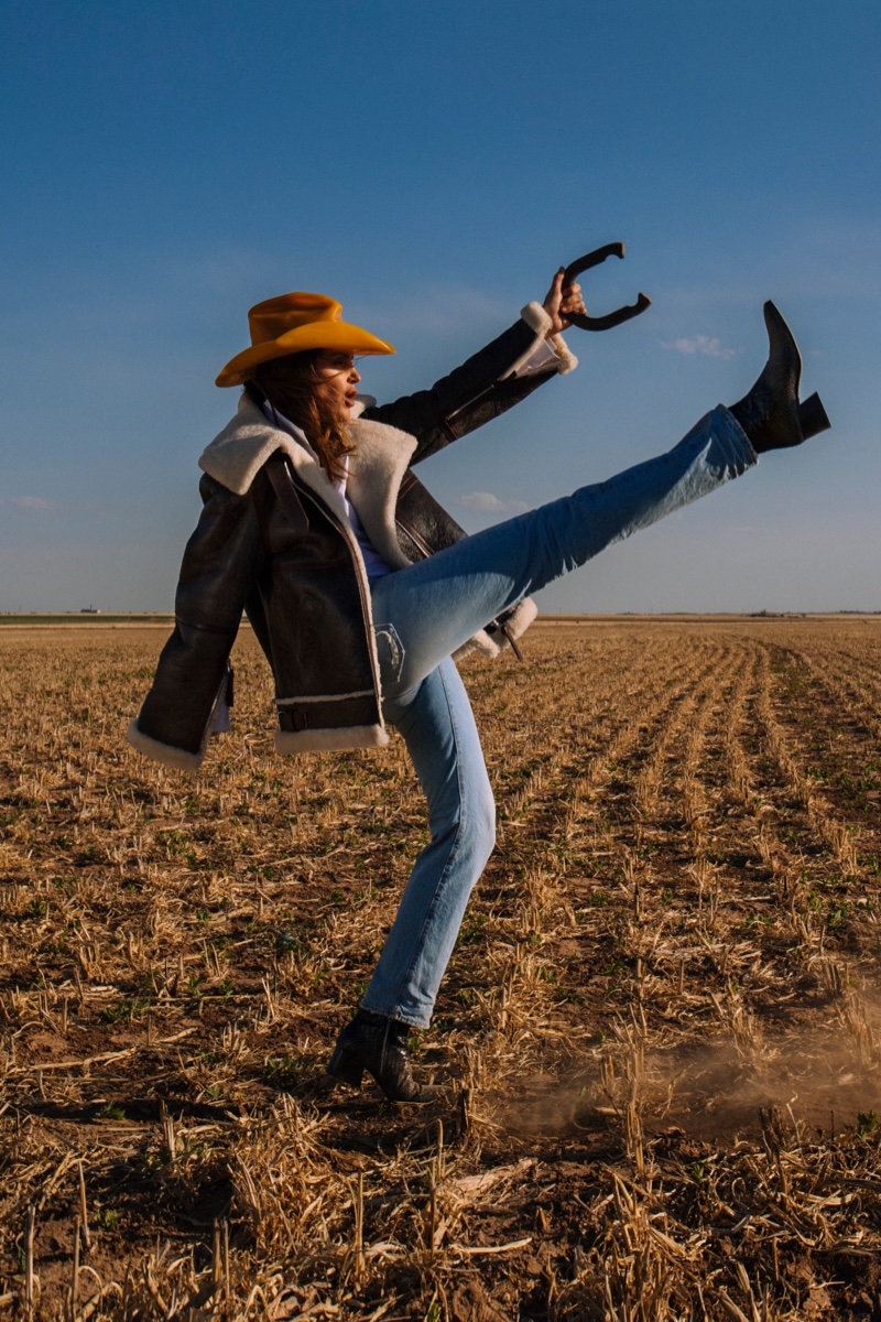 Cindy Crawford poses at Cadillac Ranch for Acne Studios fall-winter 2018 campaign