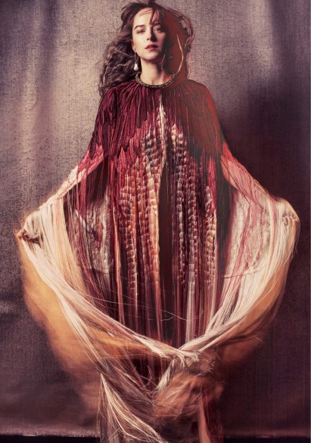 Dakota Johnson Wears Dreamy Dresses for AnOther Magazine Actress Dakota Johnson wears Alexander McQueen cape, antique earring and choker necklace