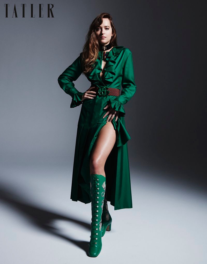 Actress Dakota Johnson flaunts some leg in a green Gucci dress