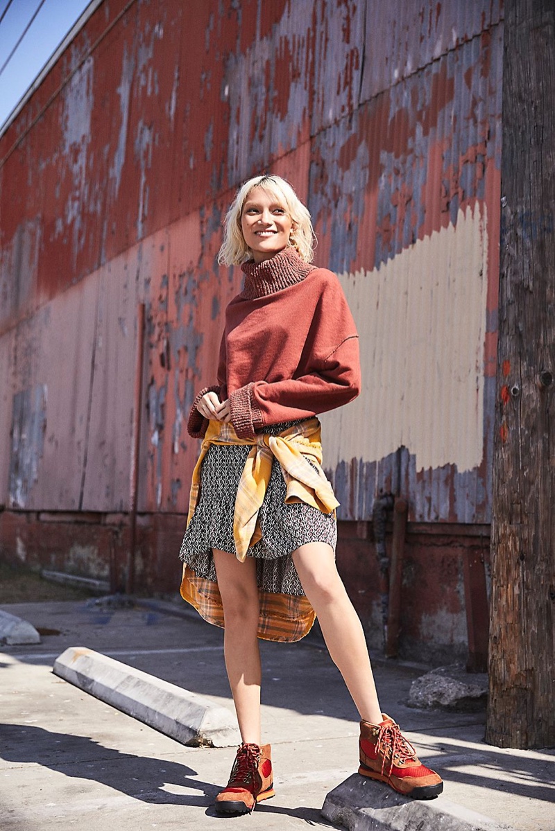 Free People Cuddle Up Pullover, Nadia Wrap Mini Skirt and Danner Jag Hiker Boot