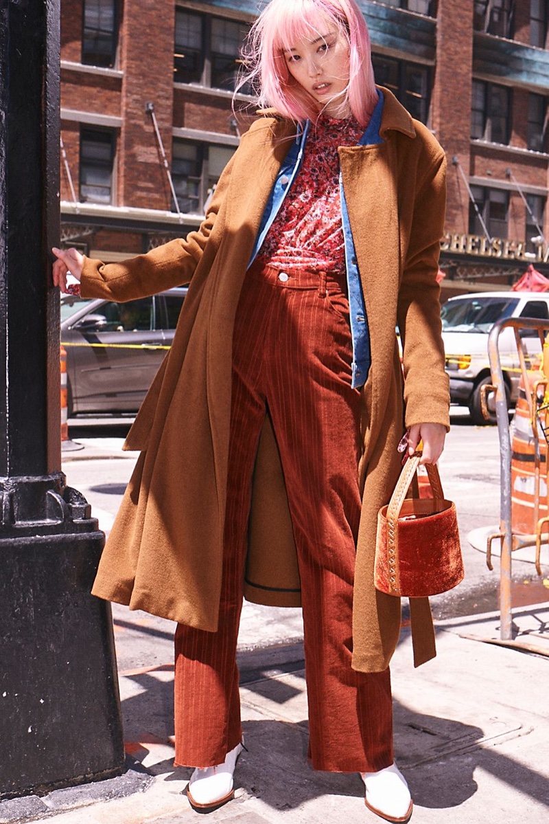 Free People Sierra Wool Coat, Wrangler Heritage Jacket, Free People All Dolled Up Top, Zee Gee Why Cord Sweeper Pants, Free People Vivian Bucket Bag and FP Collection New Frontier Western Boot