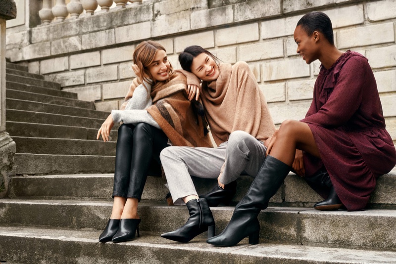 (Left) H&M Knit Sweater, Poncho with Fringe, Faux Leather Pants and Leather Mules (Middle) H&M Knit Turtleneck Sweater and Paper-Bag Pants (Right) H&M Flounced Dress