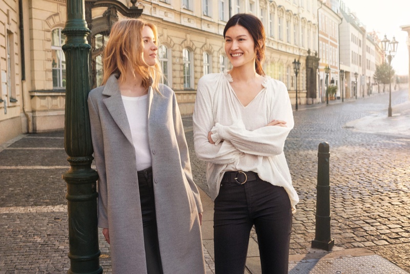 (Left) H&M Coat and Cotton T-Shirt (Right) H&M Blouse with Smocking and Mini Flare High Jeans