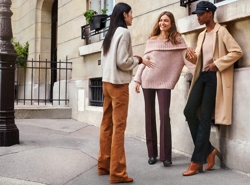 (Left) H&M V-Neck Sweater and Wide-Leg Corduroy Pants (Middle) H&M Off-the-Shoulder Sweater (Right) H&M Straight-Cut Coat, Mini Flare High Jeans, Block-Heeled Ankle Boots and Captain's Cap