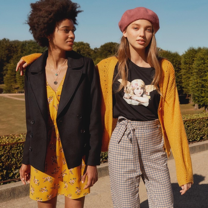 (Left) H&M Pea Coat and V-Neck Wrap Dress (Right) H&M V-Neck Cardigan, T-Shirt with Motif, Pull-On Pants and Felted Wool Beret