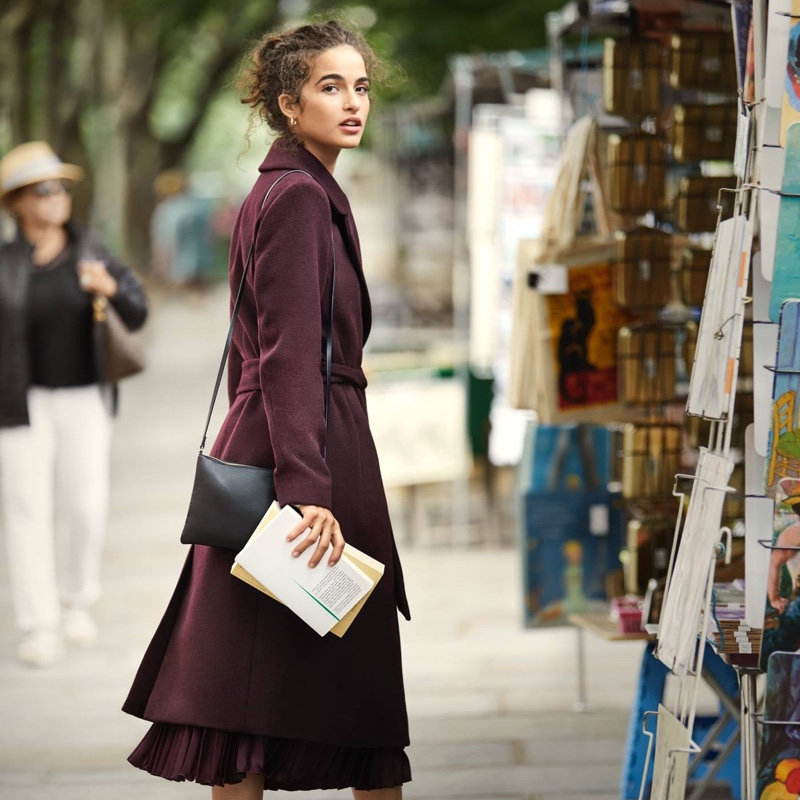 H&M Long Coat, Pleated Skirt and Small Shoulder Bag