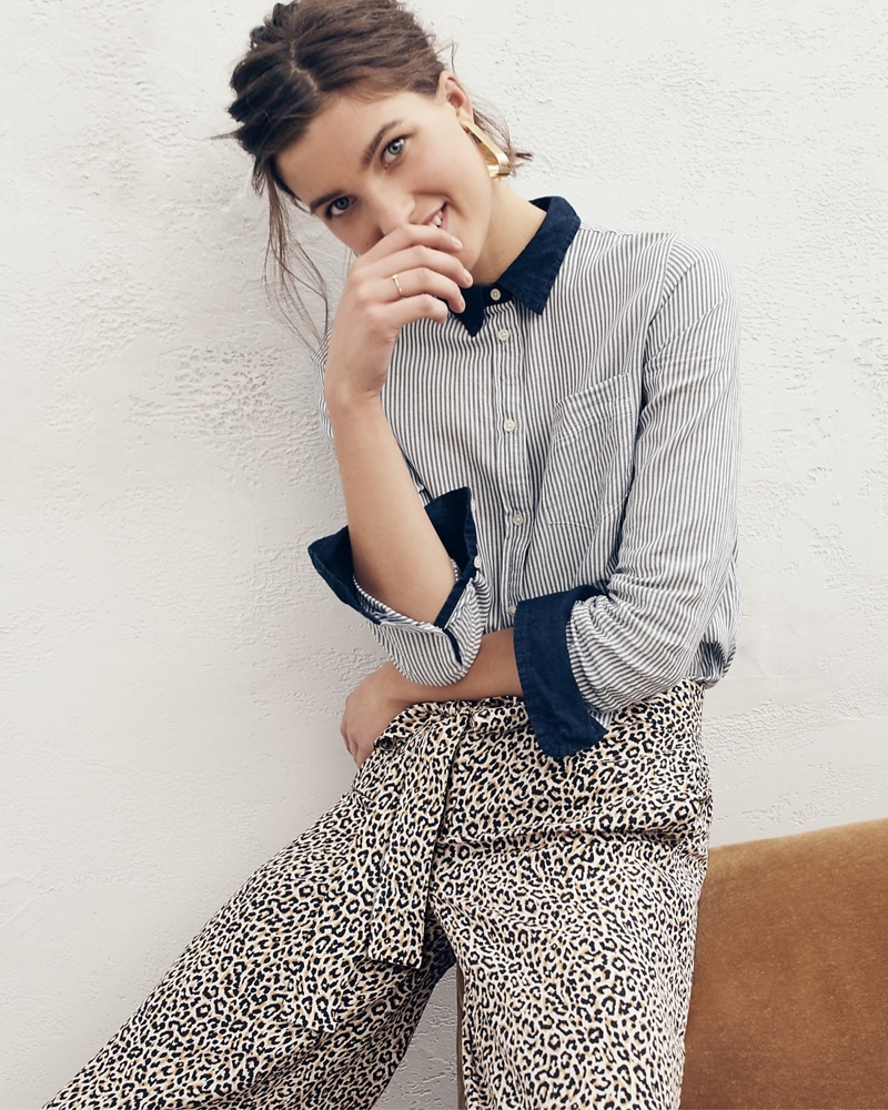 J. Crew Classic-Fit Shirt in Mixed Denim Stripe, Wide-Leg Cropped Pant in Leopard-Print Silk and Twisted Ribbon Hoop Earrings