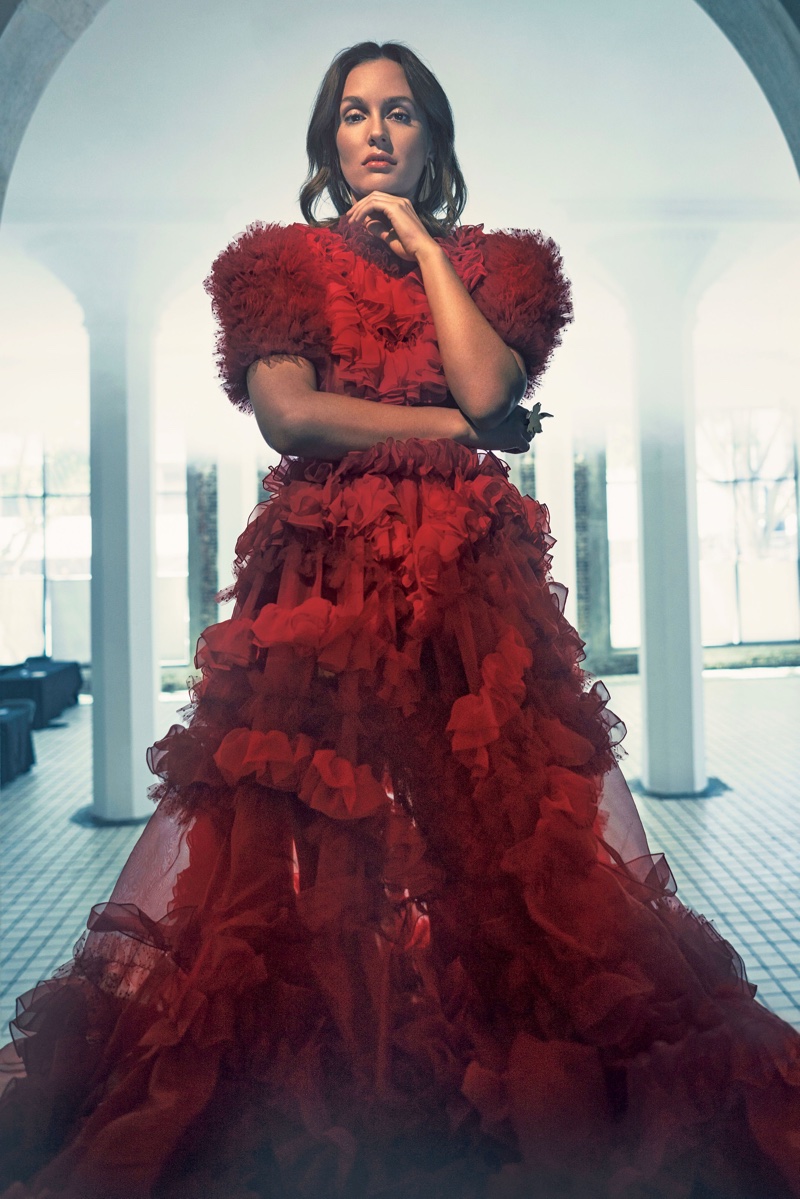 Dressed in red, Leighton Meester wears Dolce & Gabbana gown