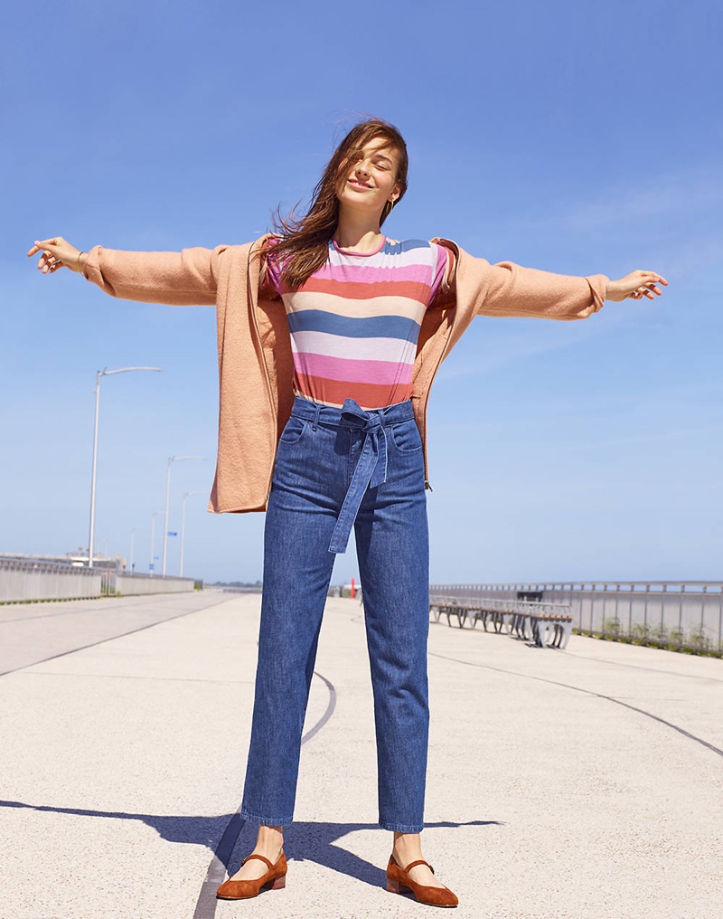 Madewell Bomber Sweater-Jacket, Whisper Cotton Crewneck Tee in Longrock Stripe, Denim Tie-Waist Tapered Pants and The Delilah Mary Jane in Suede