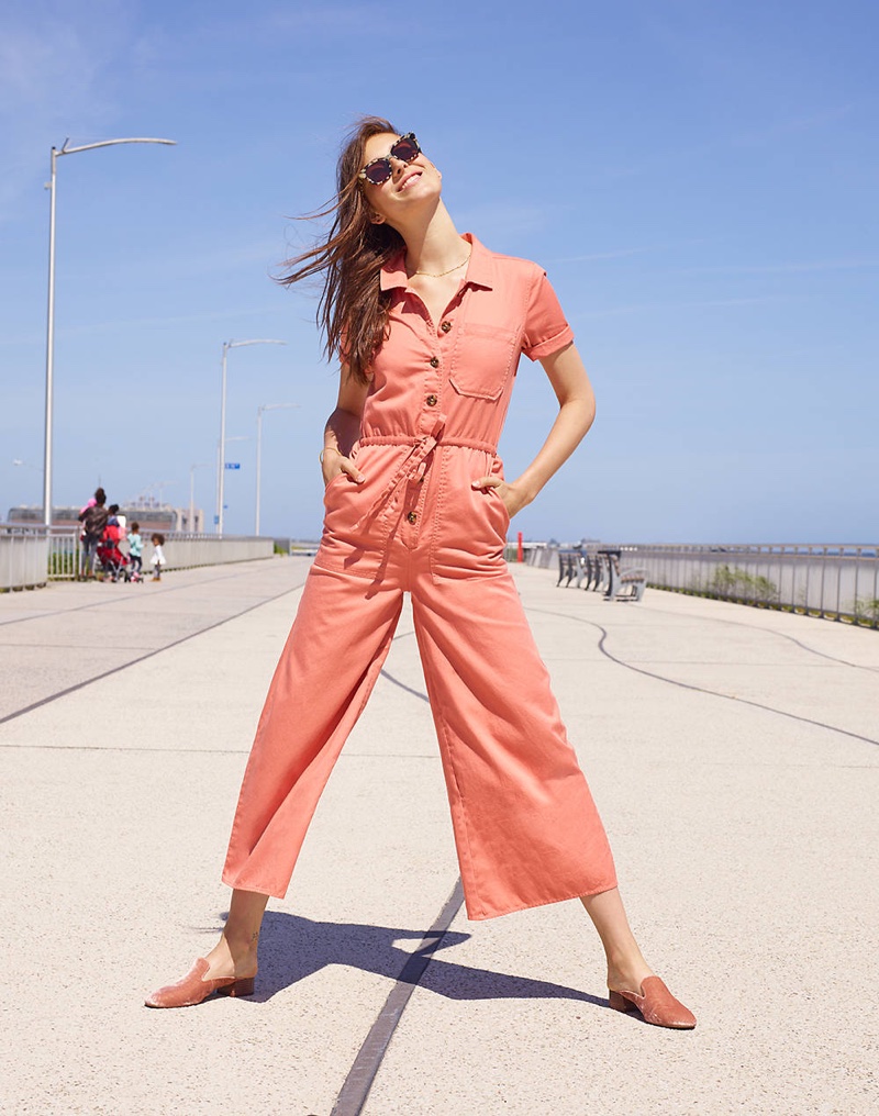 Madewell Wide-Leg Utility Jumpsuit, Venice Flat-Frame Sunglasses and The Willa Loafer Mule in Velvet