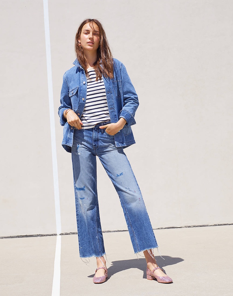 Madewell Selvedge Denim Chore Coat, Easy Crop Tee in Stripe Mix, Rivet & Thread Wide-Leg Crop Jeans: Inset Edition and The Delilah Mary Jane in Glitter