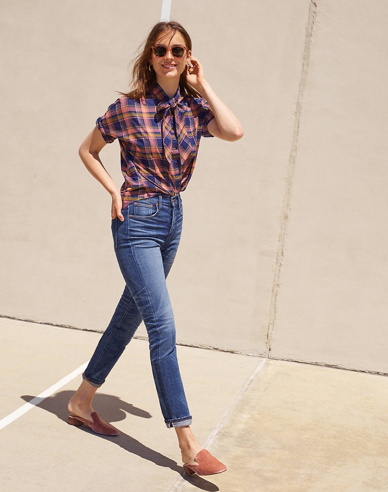 Madewell Short-Sleeve Tie-Neck Shirt in Junipero Plaid, Rivet & Thread Straight Jeans in Buckthorn: Selvedge Edition, Venice Flat-Frame Sunglasses and The Willa Loafer Mule in Velvet